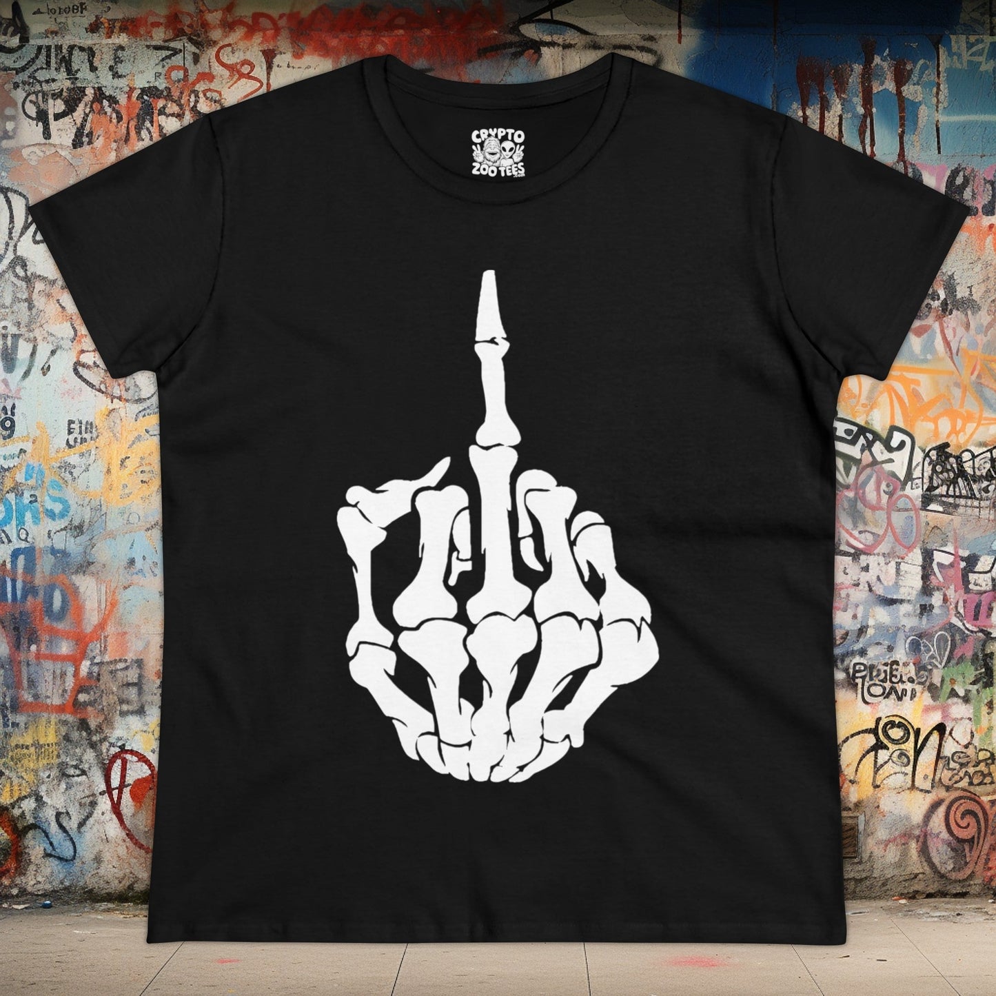 T-Shirt - Skeletal Middle Finger | Women's T-Shirt | Cotton Tee from Crypto Zoo Tees