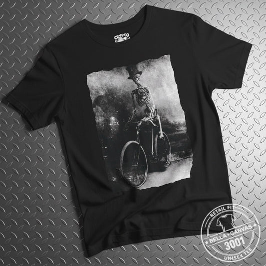 T-Shirt - Skeleton Bike Shirt | Light Fitted - Unisex Bella+Canvas 3001 | Skulls & Skeletons, Retro & Vintage | Goth/Gothic from Crypto Zoo Tees