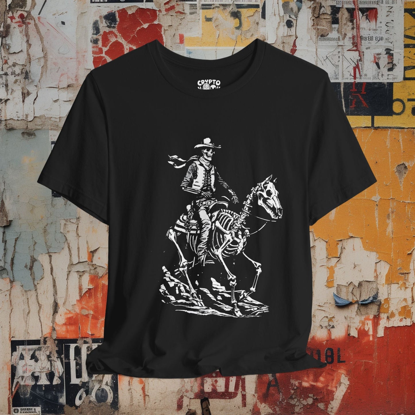 T-Shirt - Skeleton Cowboy on Skeleton Horse | Unisex T-shirt | Skulls & Skeletons, Western | Goth, Retro from Crypto Zoo Tees