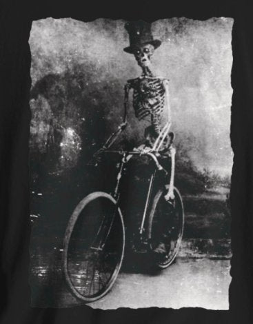 T - Shirt - Skeleton Riding Bike with Top Hat | Vintage Photo | Bella + Canvas Unisex T - shirt from Crypto Zoo Tees