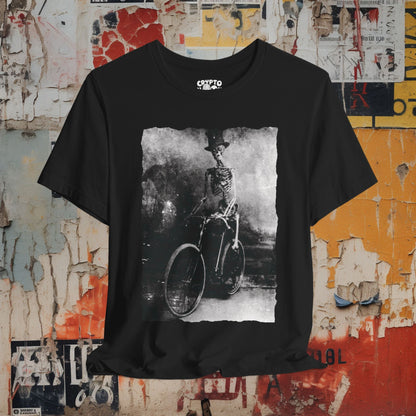 T - Shirt - Skeleton Riding Bike with Top Hat | Vintage Photo | Bella + Canvas Unisex T - shirt from Crypto Zoo Tees