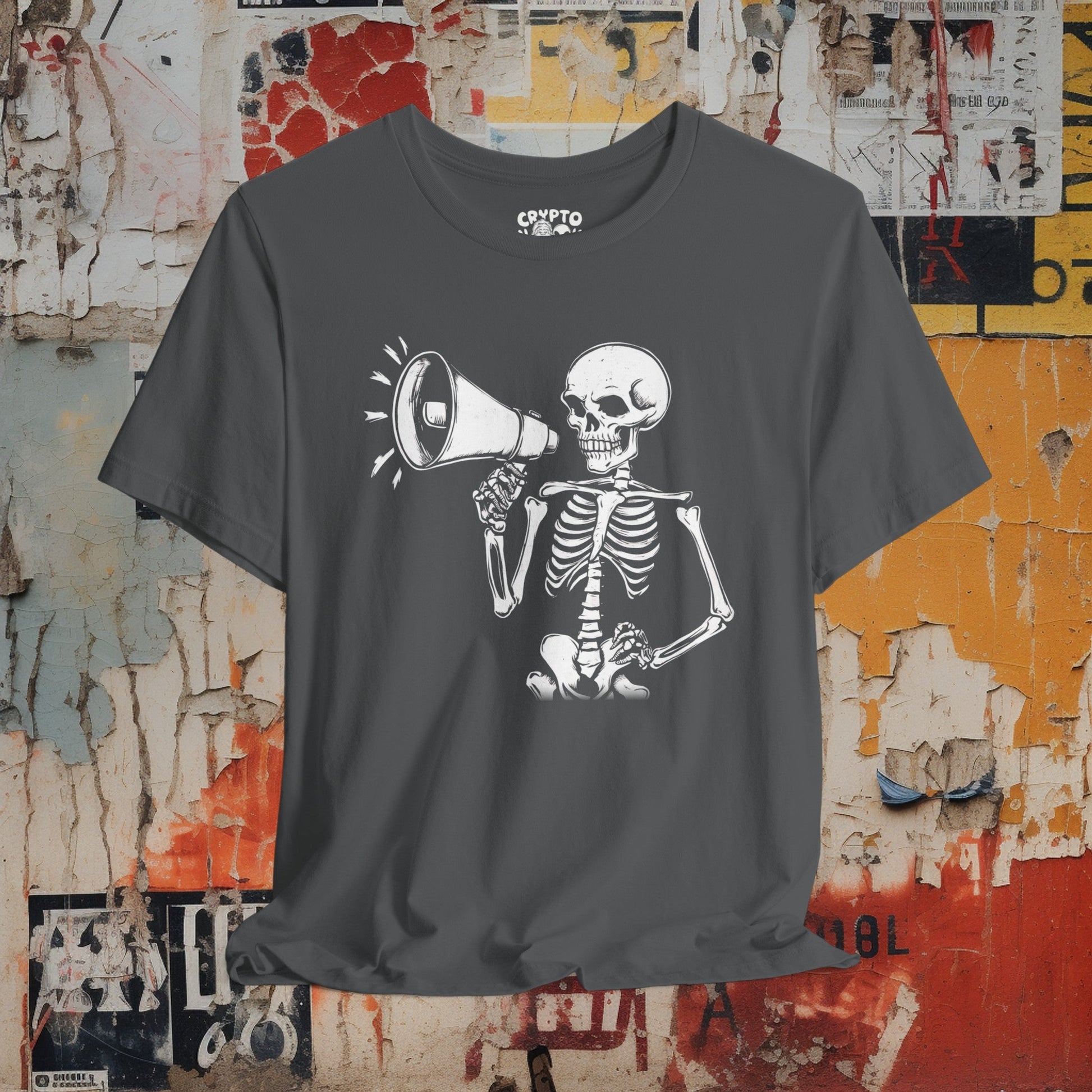 T-Shirt - Skeleton with a Megaphone Bullhorn Punk Protest Tee | Bella + Canvas Unisex T-shirt from Crypto Zoo Tees