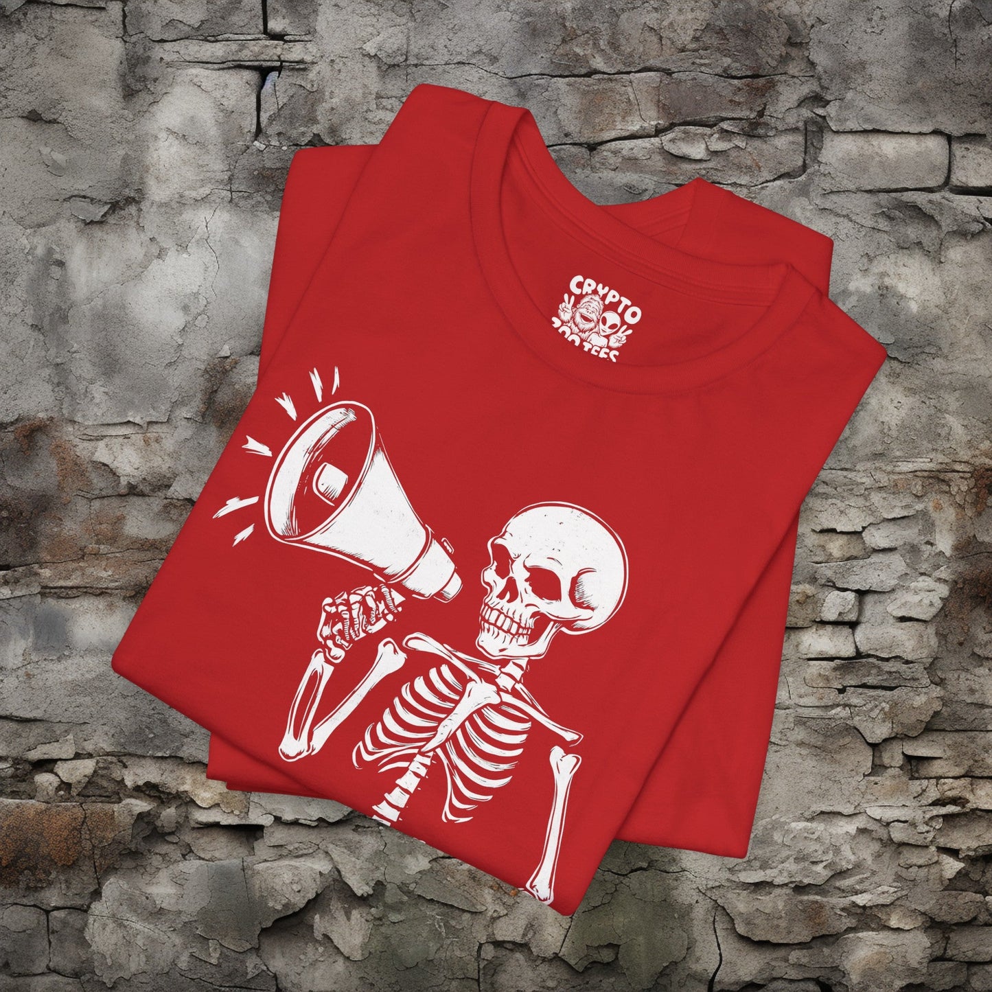 T-Shirt - Skeleton with a Megaphone Bullhorn Punk Protest Tee | Bella + Canvas Unisex T-shirt from Crypto Zoo Tees