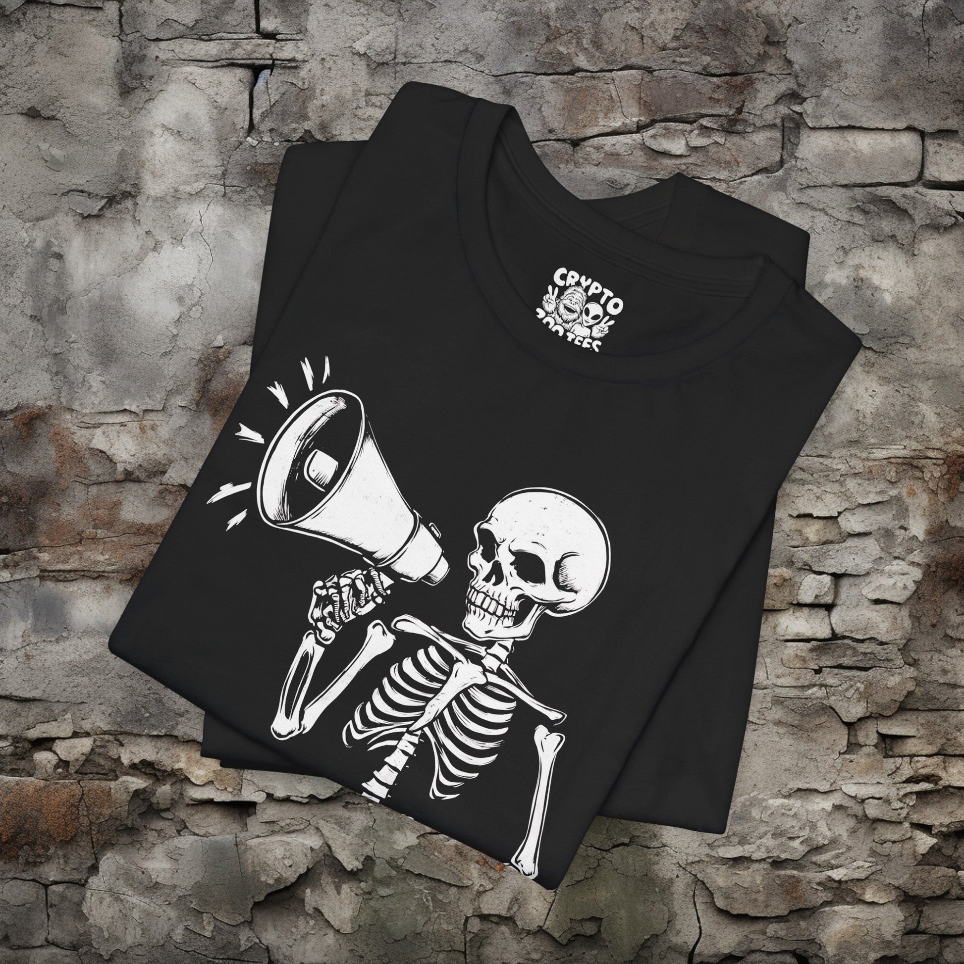 T-Shirt - Skeleton with a Megaphone Bullhorn Punk Protest Tee | Bella + Canvas Unisex T-shirt from Crypto Zoo Tees