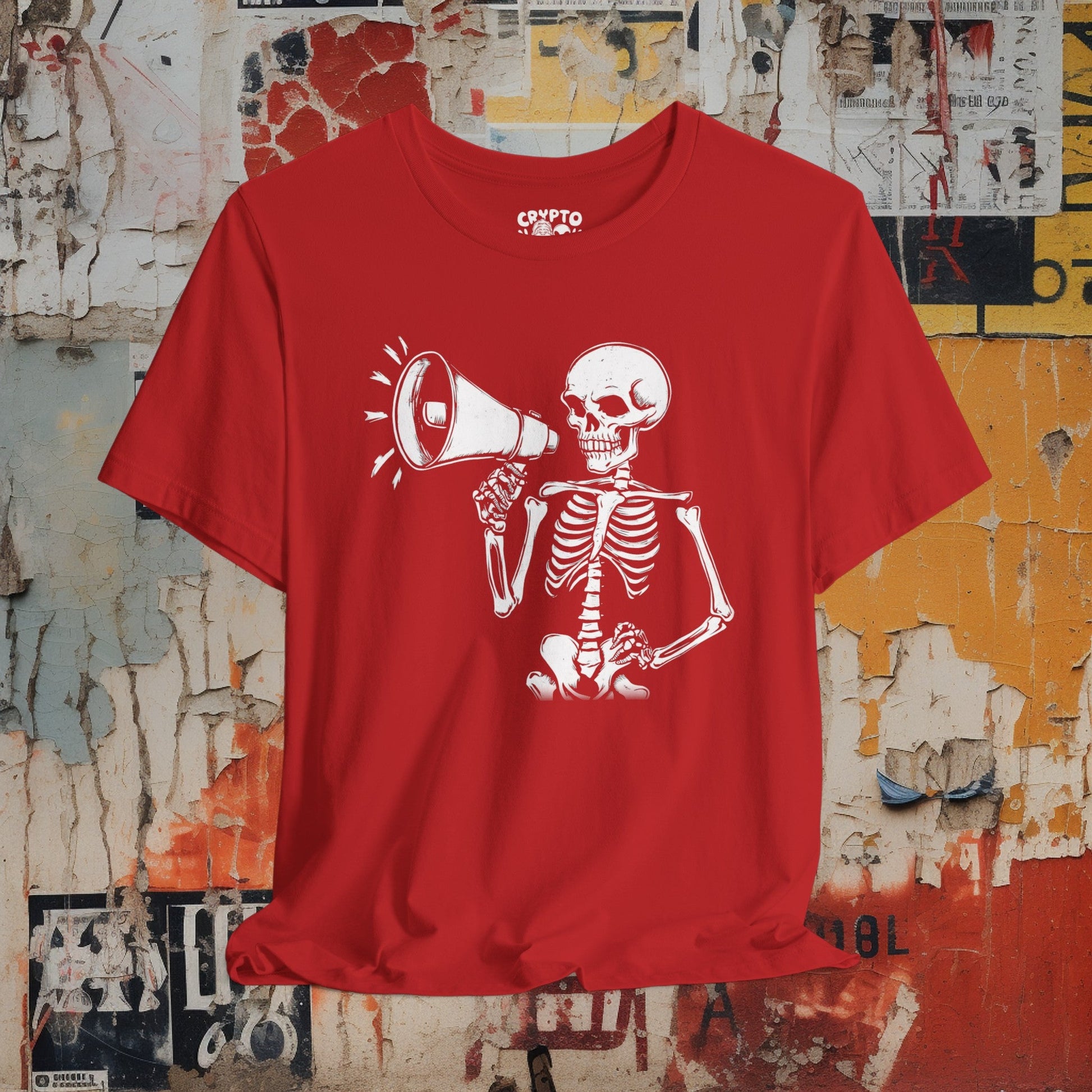 T-Shirt - Skeleton with a Megaphone Bullhorn Punk Protest Tee | Bella + Canvas Unisex T-shirt from Crypto Zoo Tees