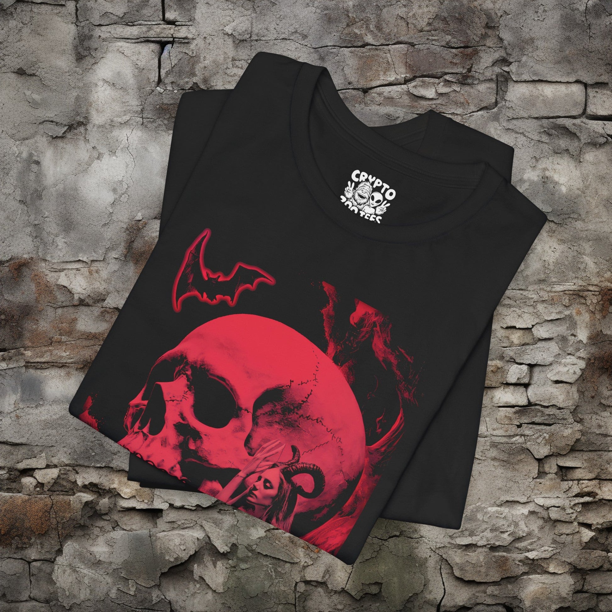 T - Shirt - Skull and Woman with Horns | Skulls and Skeletons | Horror | Bella + Canvas Unisex T - shirt from Crypto Zoo Tees