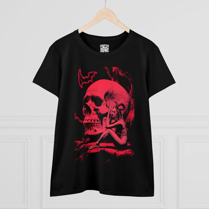 T - Shirt - Skull and Woman with Horns | Skulls and Skeletons | Horror | Women's T - Shirt | Cotton Tee from Crypto Zoo Tees