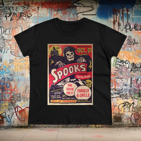 T-Shirt - Spooks Halloween Spookshow Flyer Ladies Cut T-shirt | Gildan 5000L from Crypto Zoo Tees