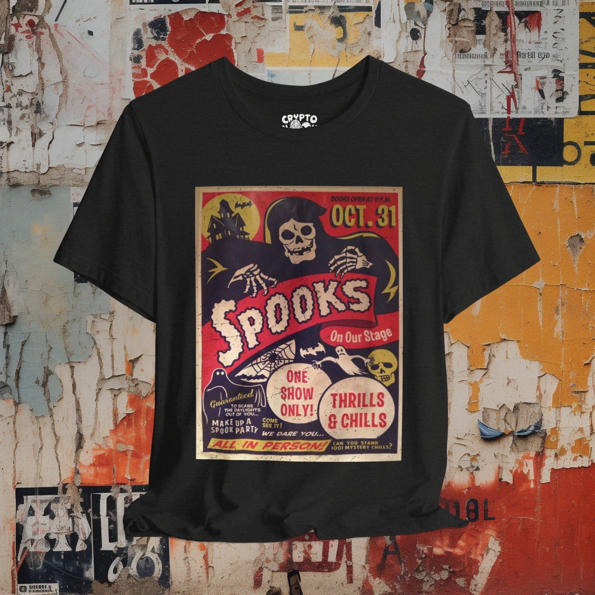 T-Shirt - Spooks On Stage | Classic Halloween Spookshow | Bella + Canvas Unisex T-shirt from Crypto Zoo Tees