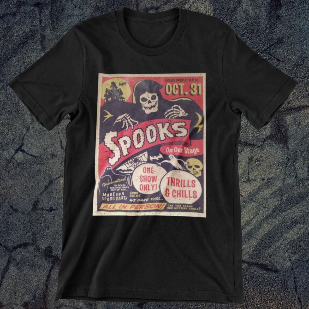 T-Shirt - Spooks On Stage | Classic Halloween Spookshow | Bella + Canvas Unisex T-shirt from Crypto Zoo Tees