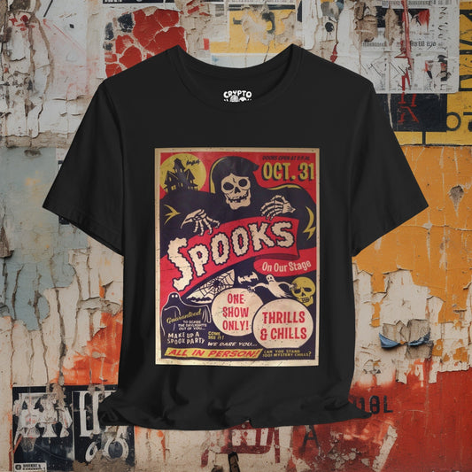 T-Shirt - Spooks On Stage | Classic Halloween Spookshow | Bella + Canvas Unisex T-shirt from Crypto Zoo Tees