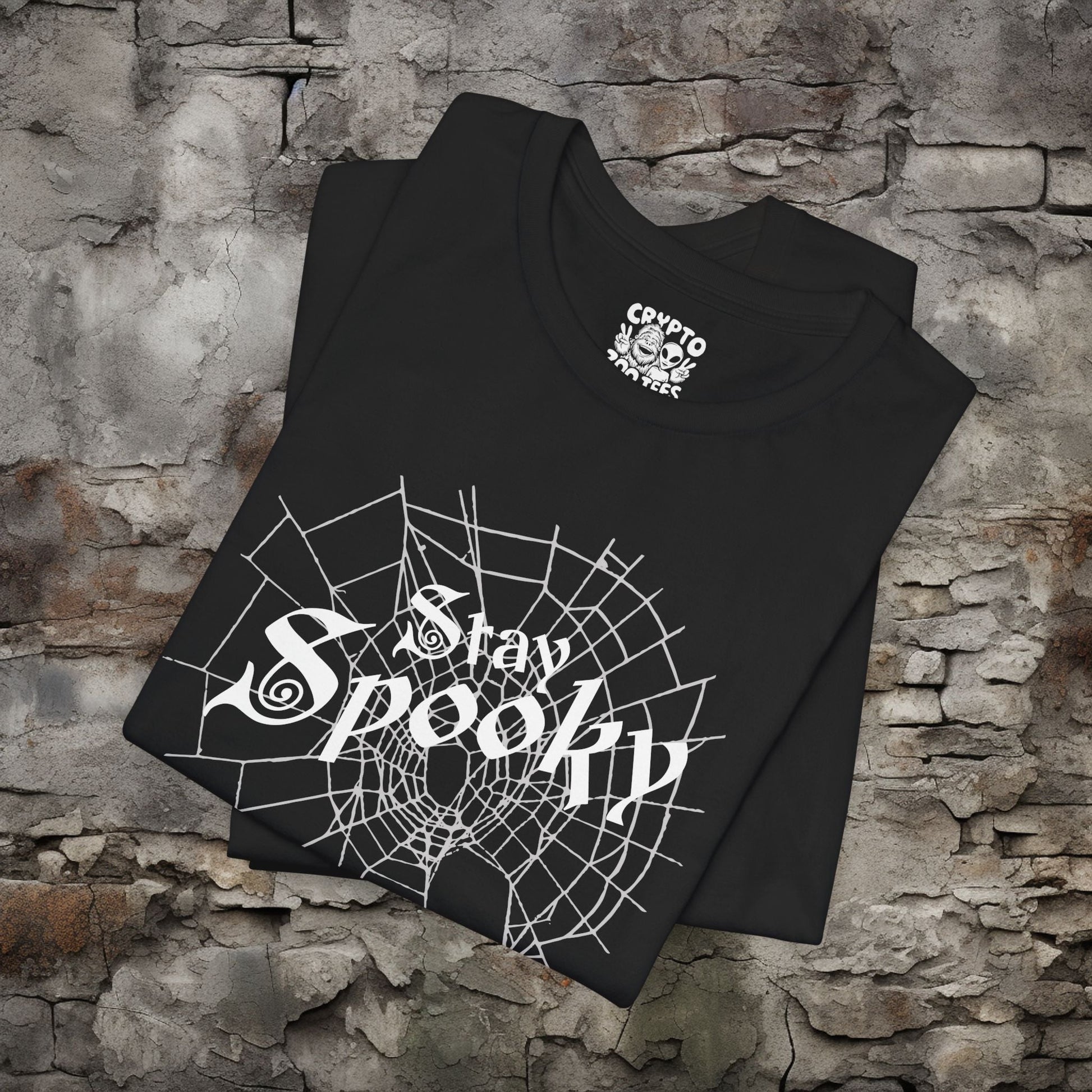 T-Shirt - Stay Spooky Spider Web Tee - Gothic Graphic T-Shirt, Halloween Shirt, Unisex Spooky Style Tee, Unique Gift for Goth and Halloween Lovers from Crypto Zoo Tees