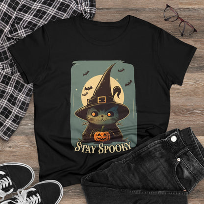 T-Shirt - Stay Spooky Witch Cat | Women's T-Shirt | Cotton Ladies Tee from Crypto Zoo Tees