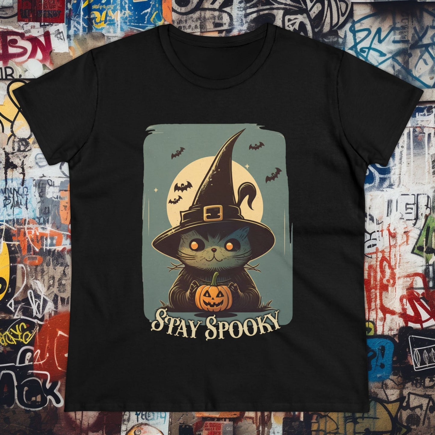 T-Shirt - Stay Spooky Witch Cat | Women's T-Shirt | Cotton Ladies Tee from Crypto Zoo Tees