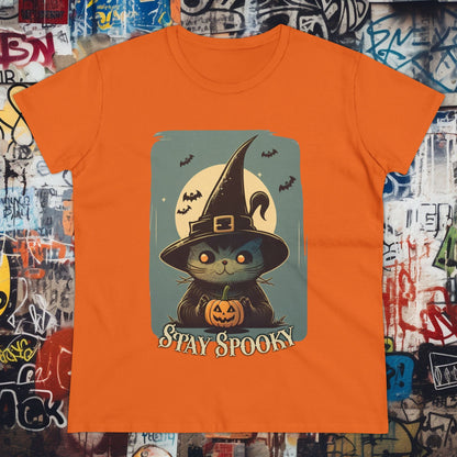 T-Shirt - Stay Spooky Witch Cat | Women's T-Shirt | Cotton Ladies Tee from Crypto Zoo Tees