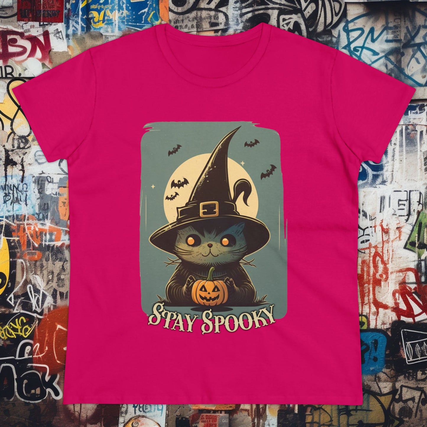 T-Shirt - Stay Spooky Witch Cat | Women's T-Shirt | Cotton Ladies Tee from Crypto Zoo Tees