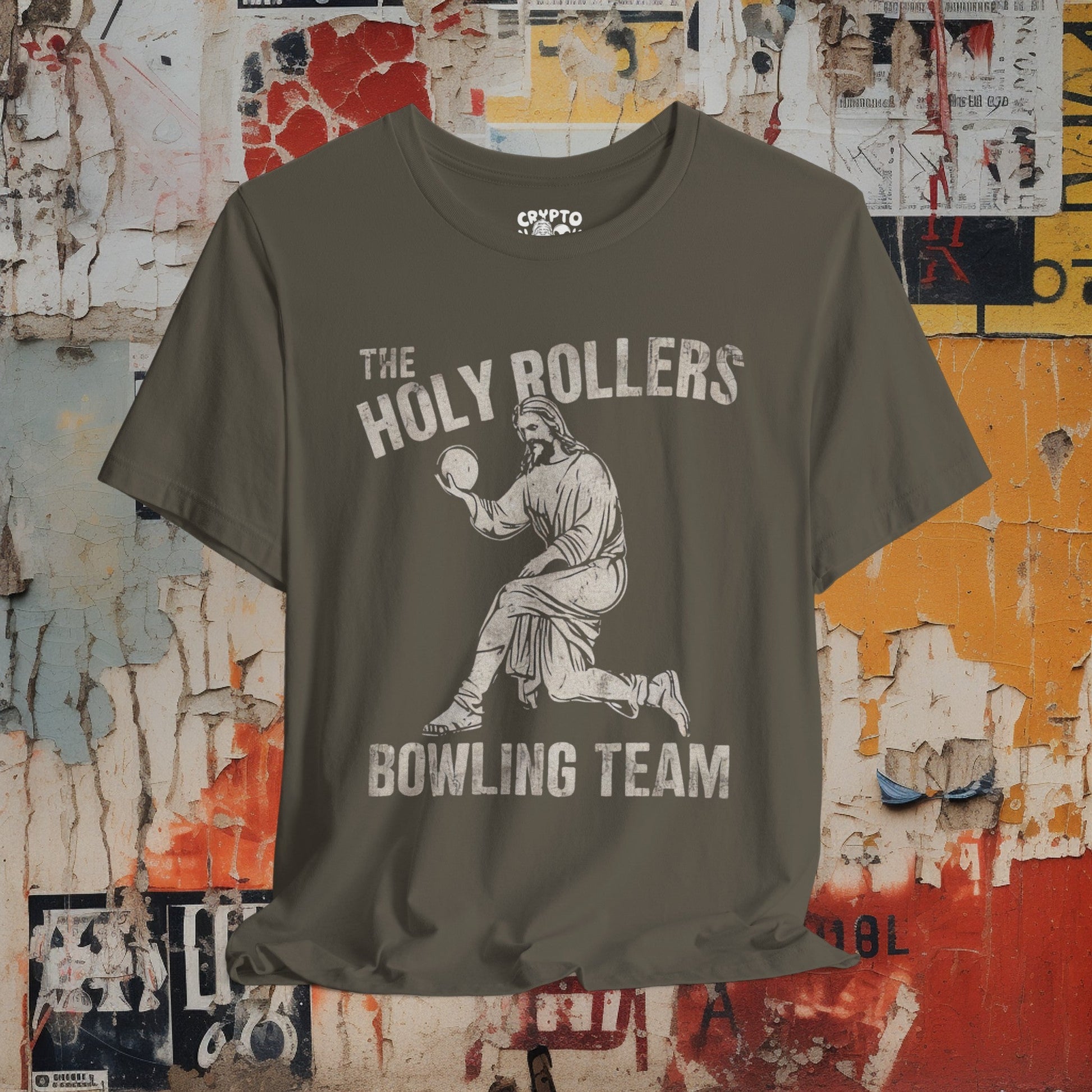 T-Shirt - The Holy Rollers Bowling Team Featuring Jesus Tee | Bella + Canvas Unisex T-shirt from Crypto Zoo Tees