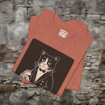 T-Shirt - Tuxedo Cat Riding A Chicken | Bella + Canvas Unisex T-shirt from Crypto Zoo Tees