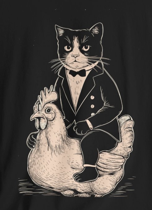 T-Shirt - Tuxedo Cat Riding A Chicken | Bella + Canvas Unisex T-shirt from Crypto Zoo Tees