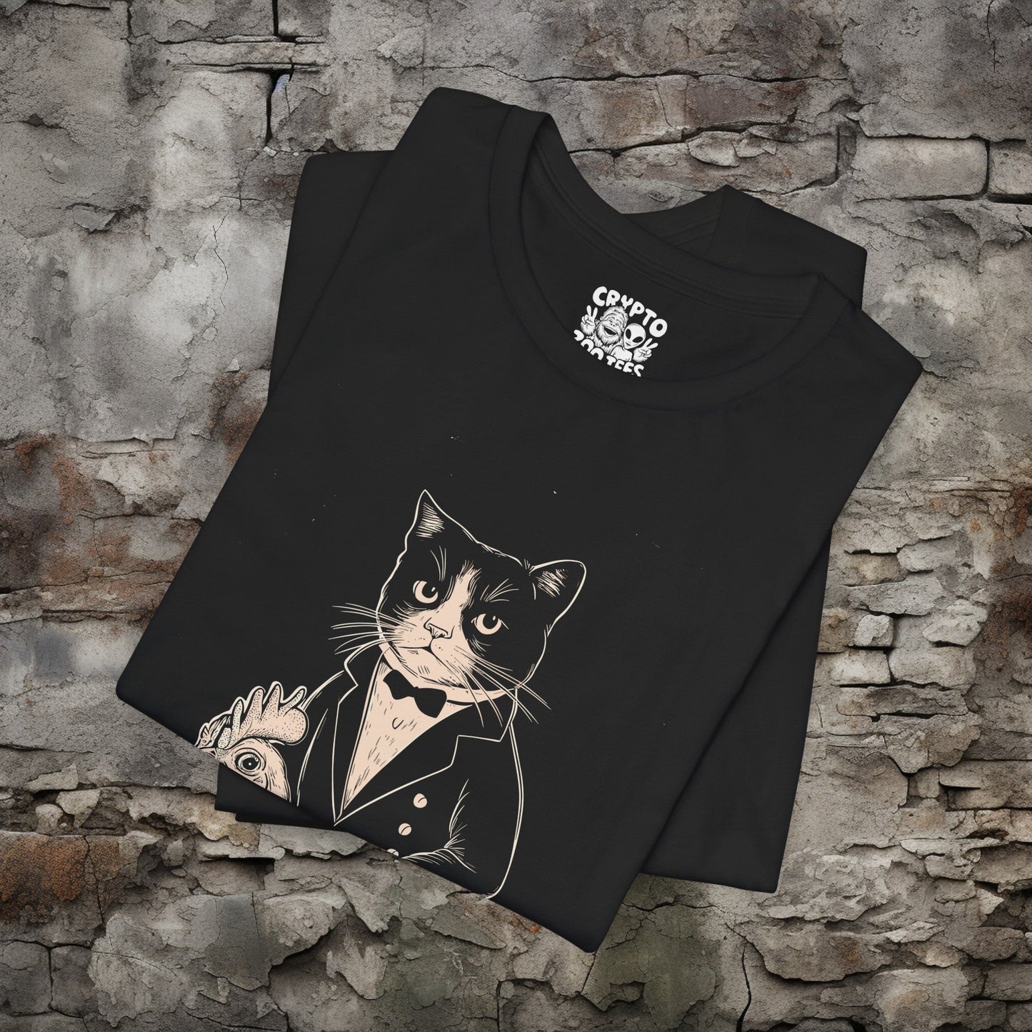 T-Shirt - Tuxedo Cat Riding A Chicken | Bella + Canvas Unisex T-shirt from Crypto Zoo Tees