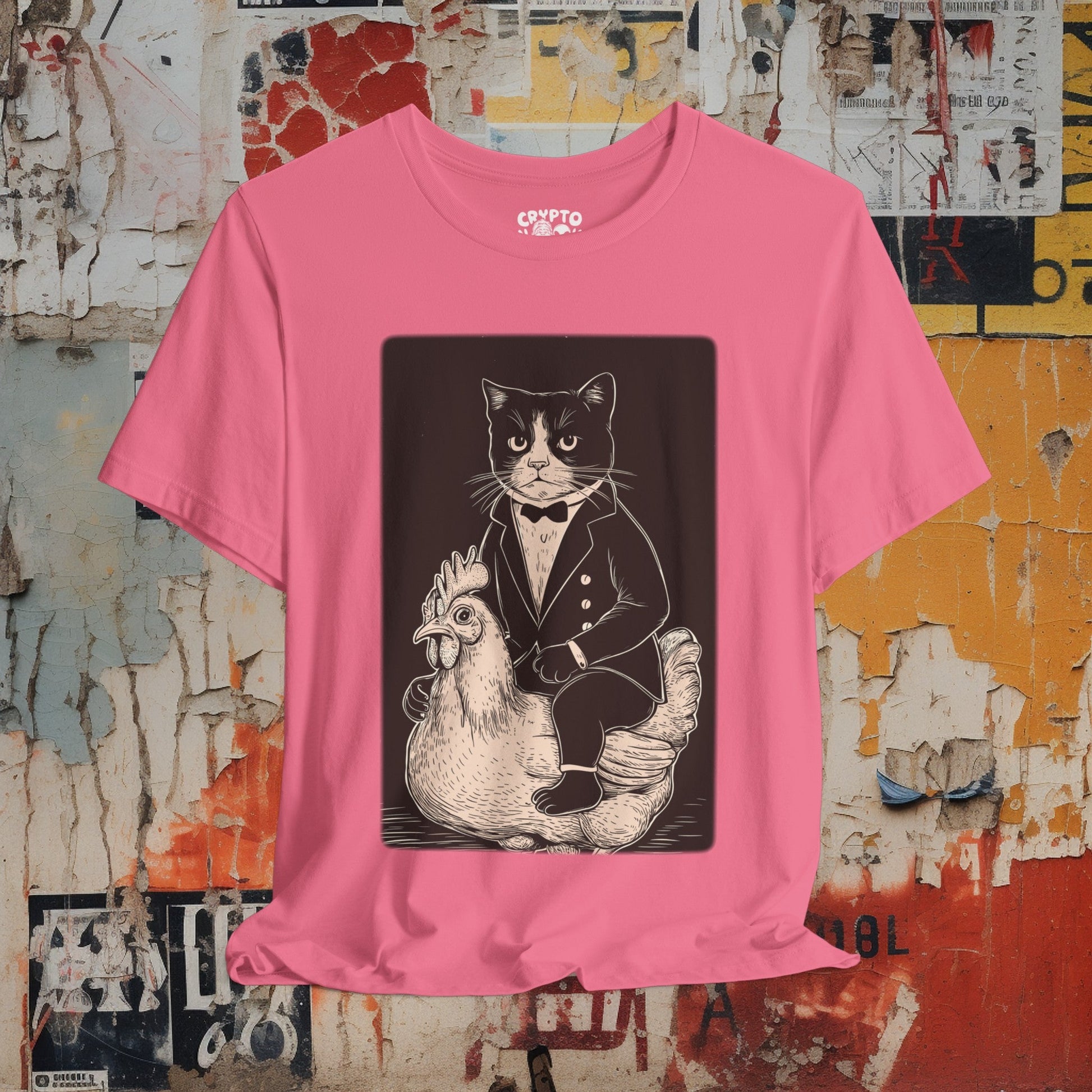 T-Shirt - Tuxedo Cat Riding A Chicken | Bella + Canvas Unisex T-shirt from Crypto Zoo Tees