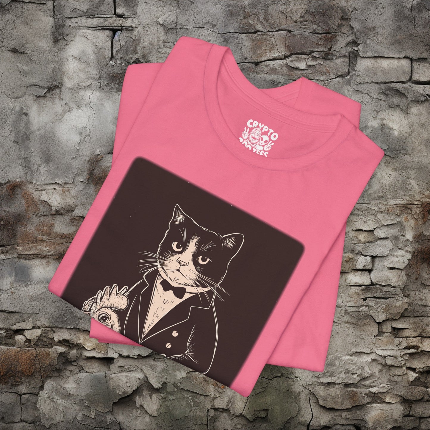 T-Shirt - Tuxedo Cat Riding A Chicken | Bella + Canvas Unisex T-shirt from Crypto Zoo Tees