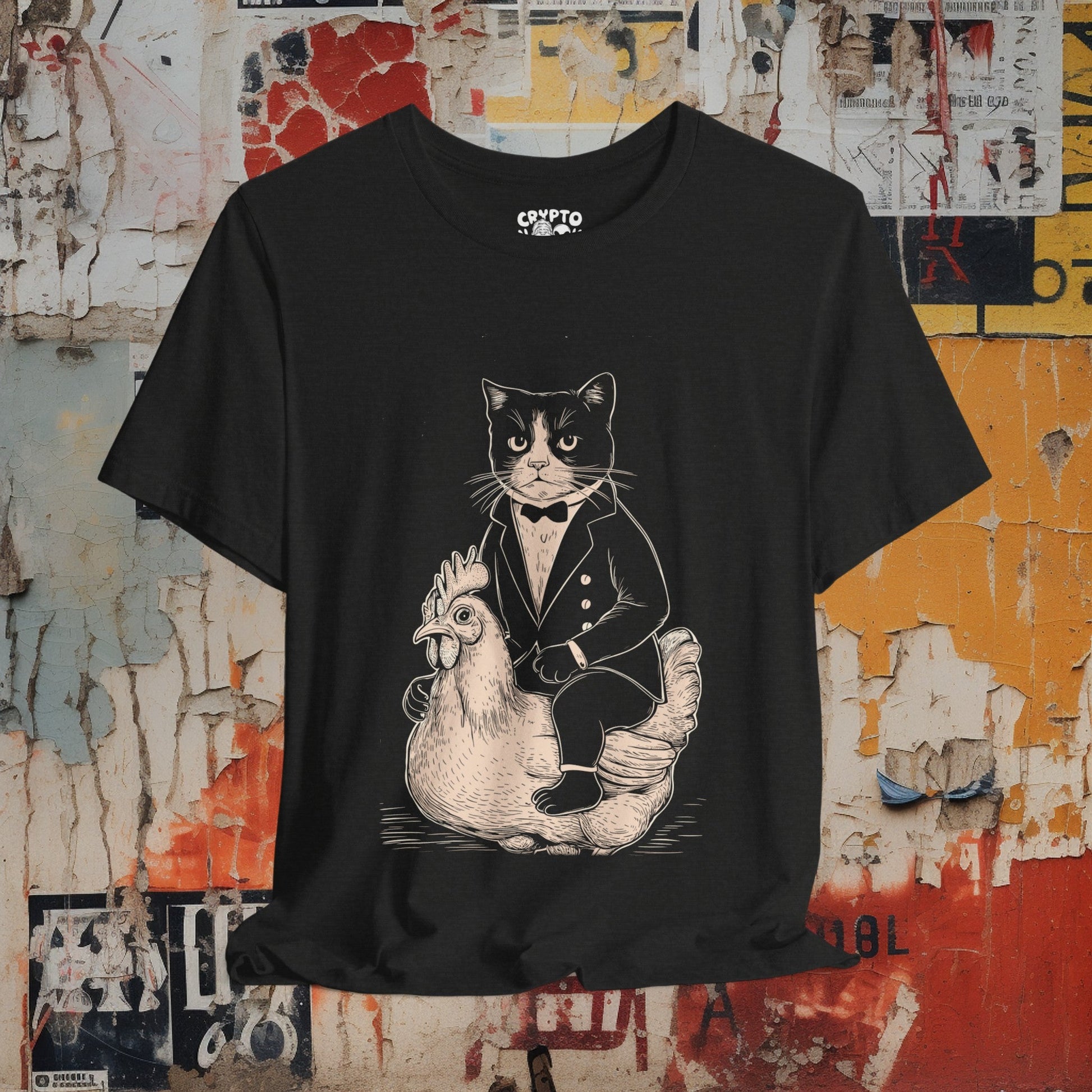 T-Shirt - Tuxedo Cat Riding A Chicken | Bella + Canvas Unisex T-shirt from Crypto Zoo Tees