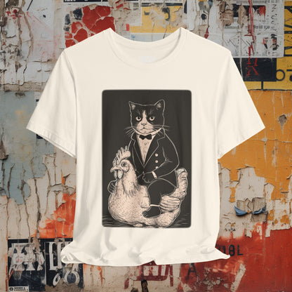 T-Shirt - Tuxedo Cat Riding A Chicken | Bella + Canvas Unisex T-shirt from Crypto Zoo Tees