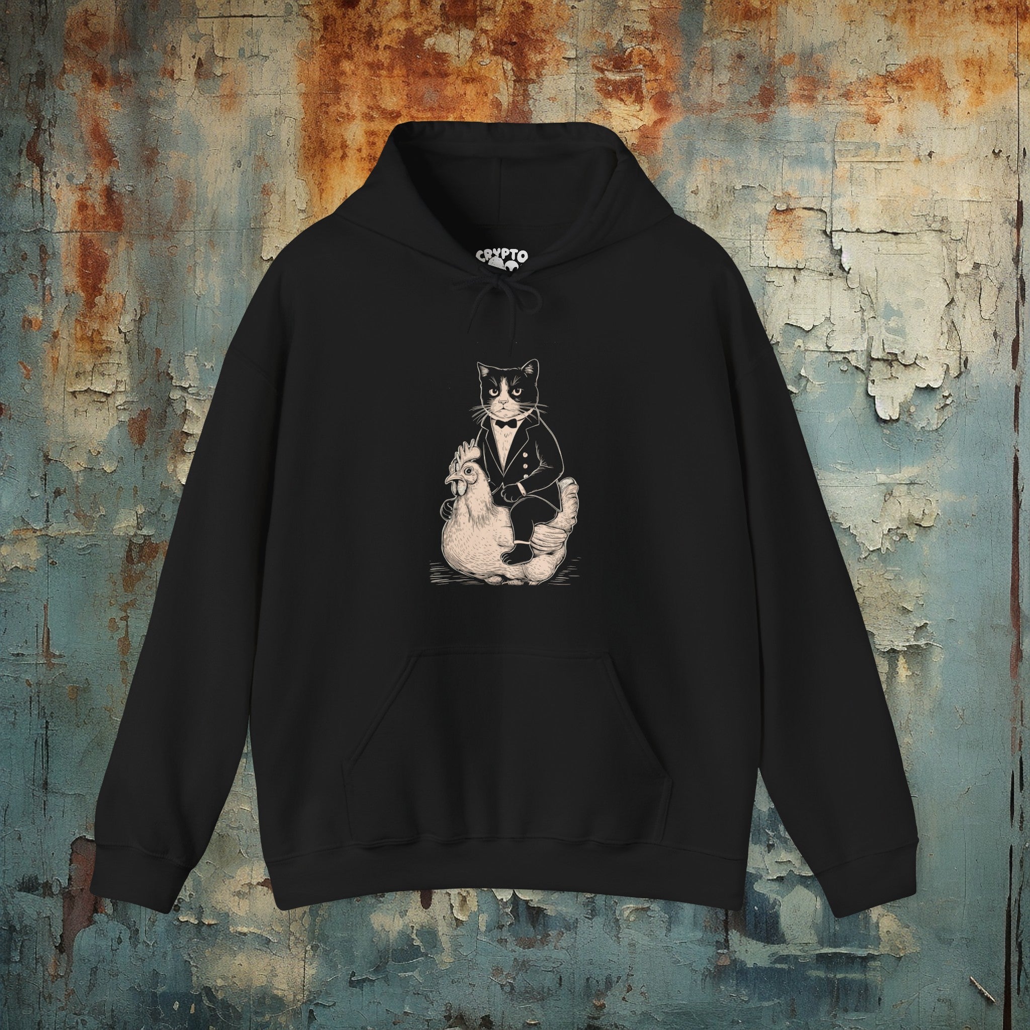 Tuxedo Cat Riding A Chicken Hoodie Hooded Sweatshirt Crypto Zoo Tees