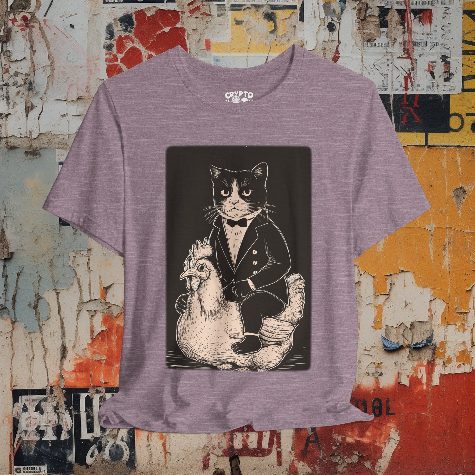 T-Shirt - Tuxedo Cat Riding A Chicken PURPLE | Bella + Canvas Unisex T-shirt from Crypto Zoo Tees