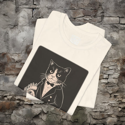 T-Shirt - Tuxedo Cat Riding A Chicken PURPLE | Bella + Canvas Unisex T-shirt from Crypto Zoo Tees