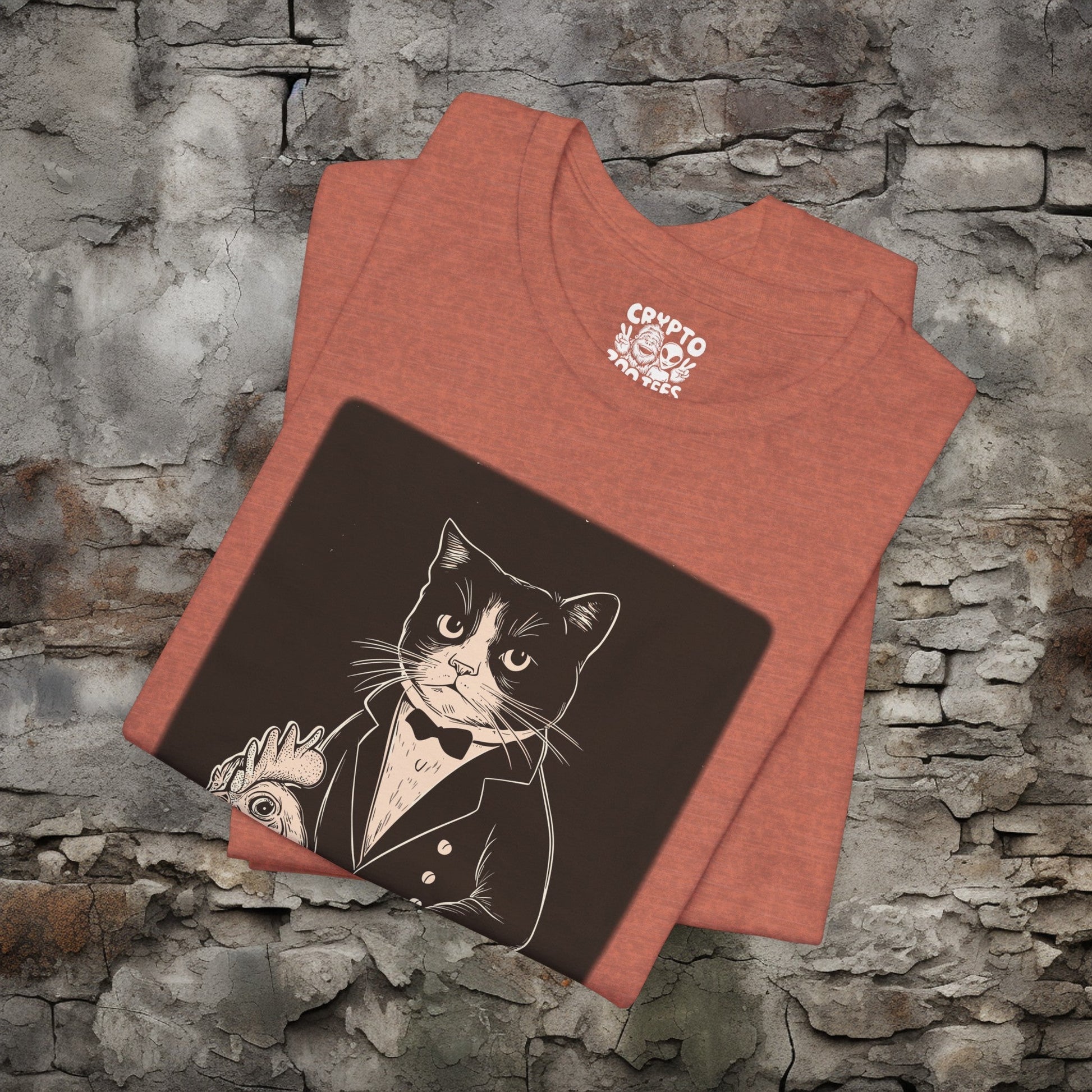 T-Shirt - Tuxedo Cat Riding A Chicken PURPLE | Bella + Canvas Unisex T-shirt from Crypto Zoo Tees