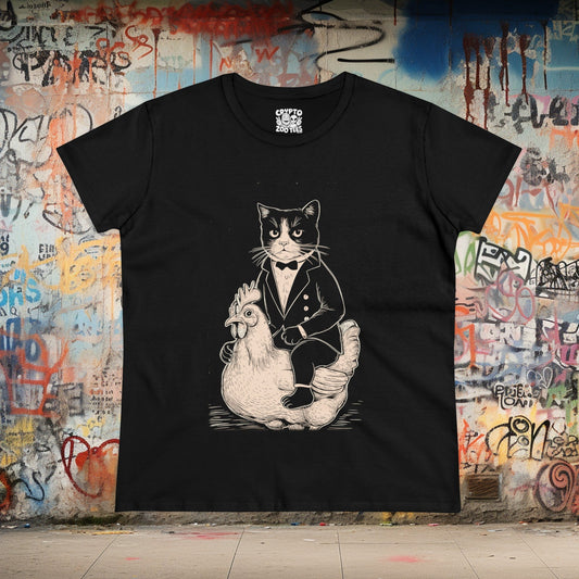 T-Shirt - Tuxedo Cat Riding A Chicken | Women's T-Shirt | Cotton Tee from Crypto Zoo Tees