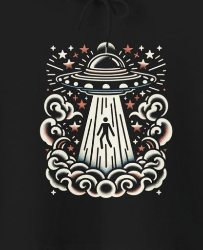 Hoodie - UFO Alien Abduction Hooded Sweatshirt | Old School American Traditional Tattoo Style Design | Unique Tattoo Art Apparel from Crypto Zoo Tees