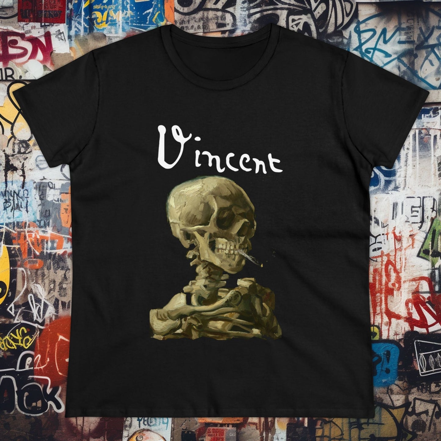 T - Shirt - Van Gogh Skull of a Skeleton with Burning Cigarette | Women's T - Shirt | Cotton Tee from Crypto Zoo Tees