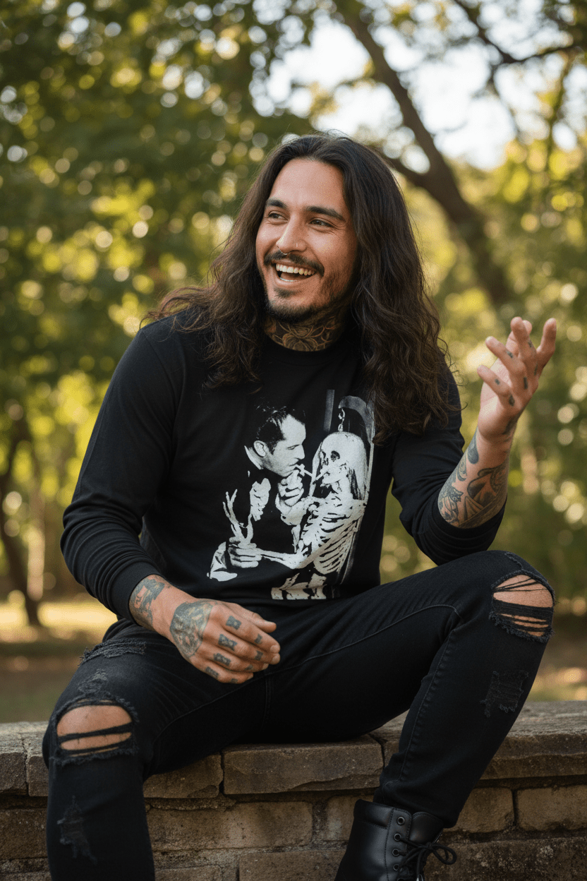 T-Shirt - Vincent Price Skeleton Long Sleeve | Horror, Skulls & Skeletons | Unisex Long Sleeve Tee - Guldan 2400 from Crypto Zoo Tees