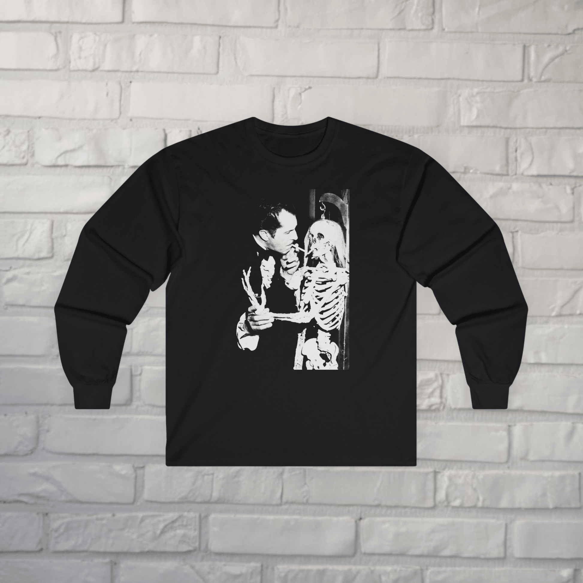 T-Shirt - Vincent Price Skeleton Long Sleeve | Horror, Skulls & Skeletons | Unisex Long Sleeve Tee - Guldan 2400 from Crypto Zoo Tees