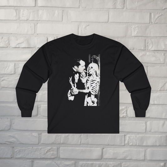 T-Shirt - Vincent Price Skeleton Long Sleeve | Horror, Skulls & Skeletons | Unisex Long Sleeve Tee - Guldan 2400 from Crypto Zoo Tees