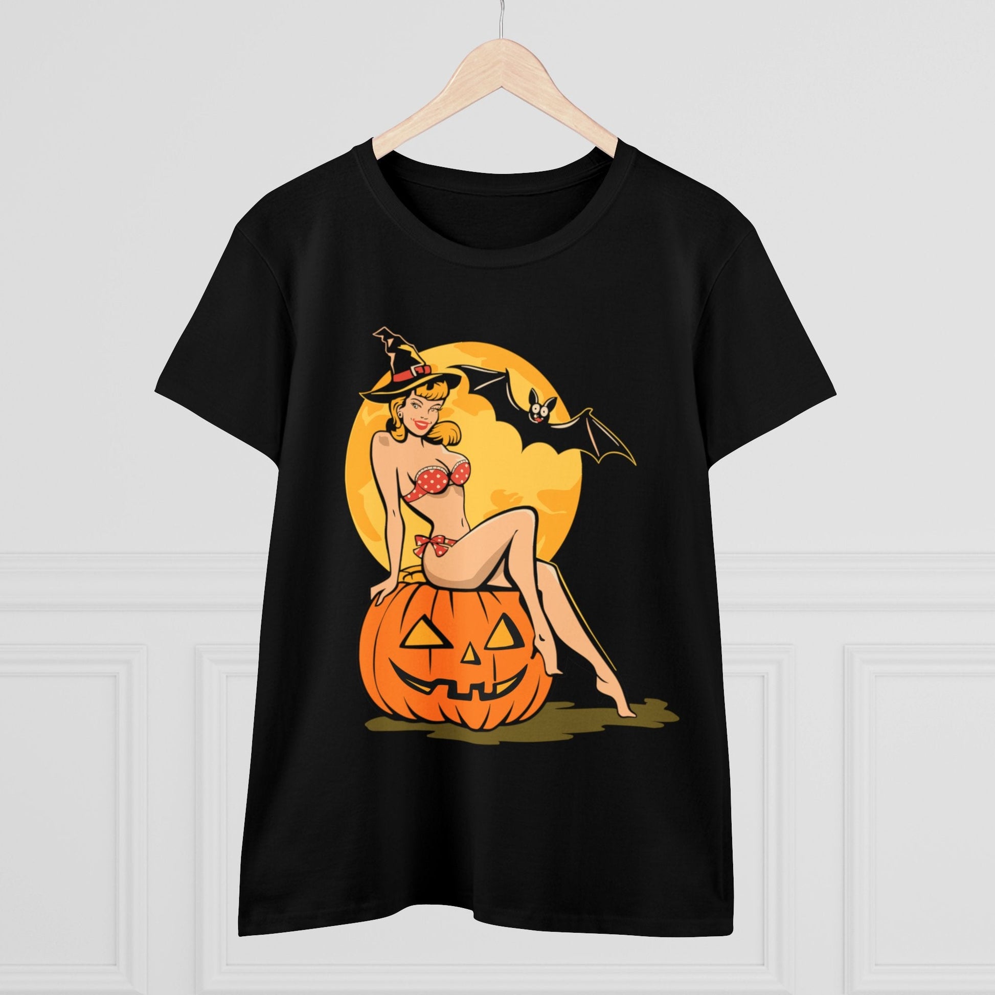 T-Shirt - Vintage Halloween Pinup on Pumpkin | Women's T-Shirt | Cotton Ladies Tee from Crypto Zoo Tees