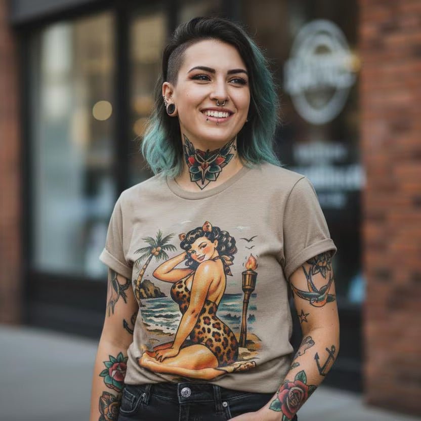 T-Shirt - Vintage Pin Up Beach Shirt | Unisex Heavy Cotton - Gildan 5000 | Retro & Vintage, Art & Artists | Rockabilly from Crypto Zoo Tees