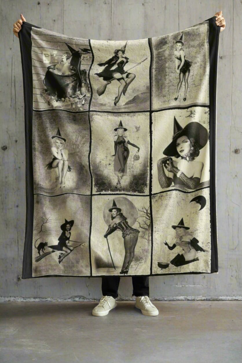 All Over Prints - Vintage Witches Plush Velveteen Blanket - Soft, Cozy & Customizable from Crypto Zoo Tees