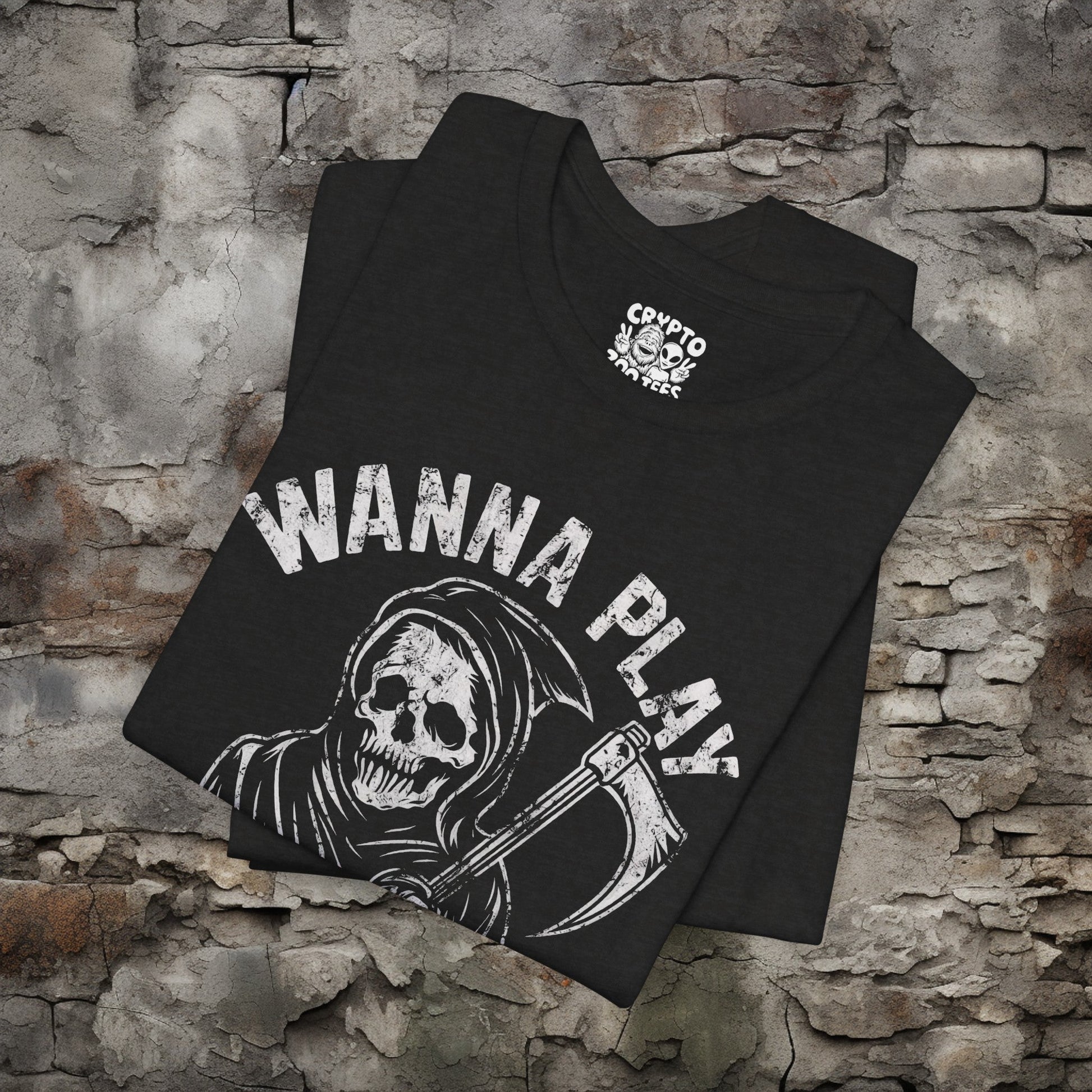 T-Shirt - Wanna Play A Game Grim Reaper Death Tee | Dark Humor Gothic Shirt | Bella + Canvas Unisex T-shirt from Crypto Zoo Tees