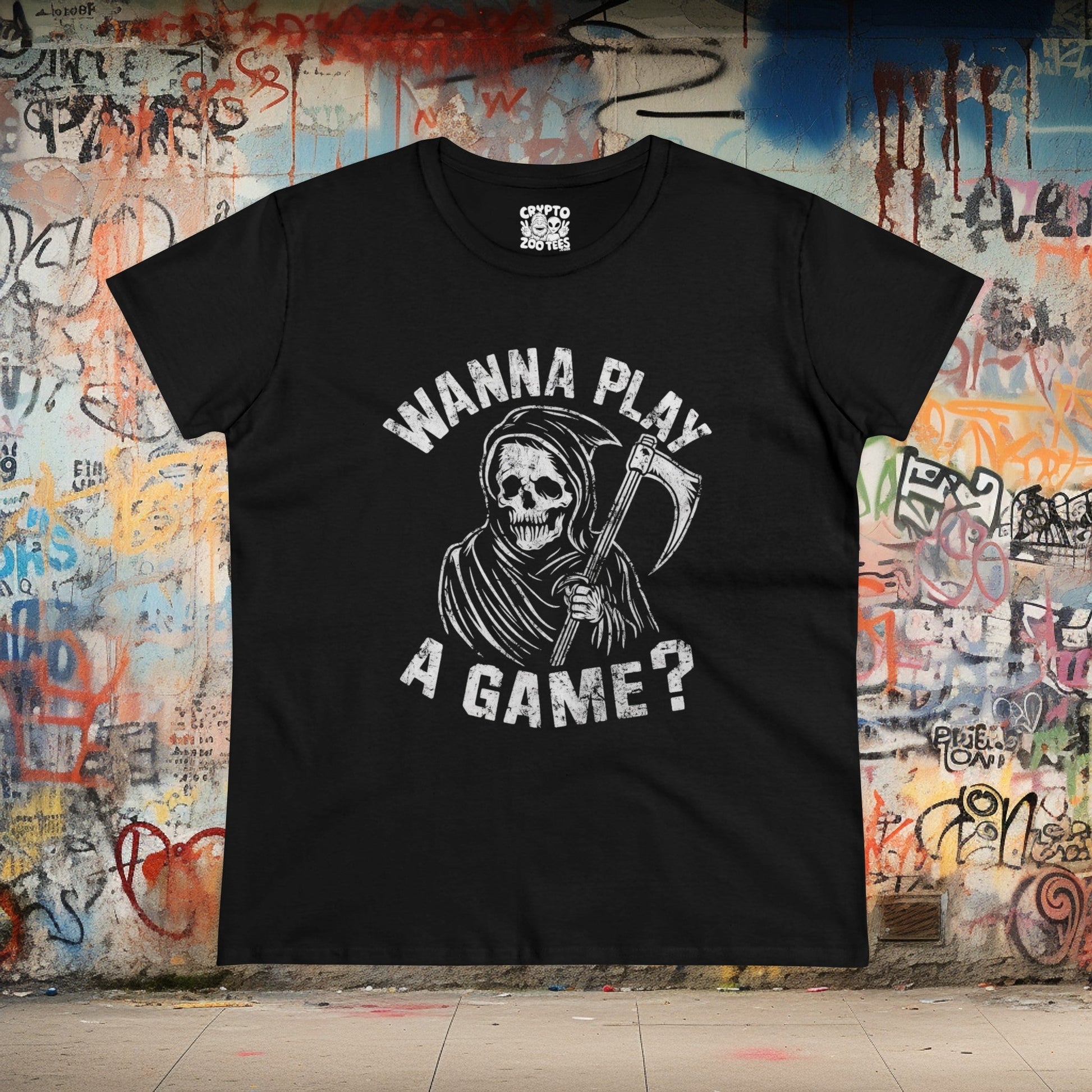 T-Shirt - Wanna Play A Game Grim Reaper | Women's T-Shirt | Cotton Tee from Crypto Zoo Tees