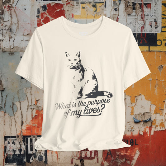 T-Shirt - what is the purpose of my lives cat 2 Tee, Retro Graphic Shirt, Funny Quirky T-Shirt, Unique Unisex Apparel, Chicken Tee, Edgy Nostalgic Shirt from Crypto Zoo Tees