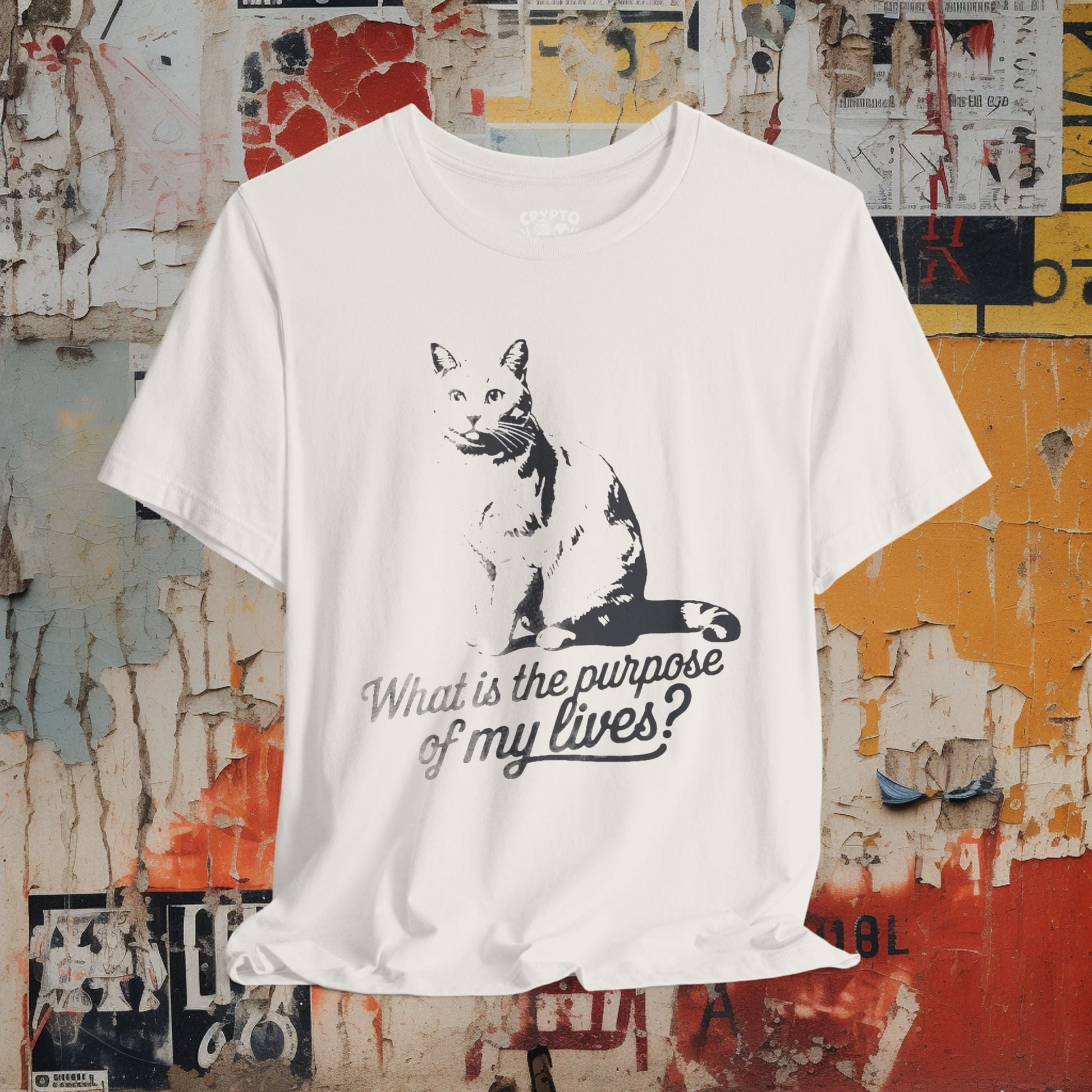 T-Shirt - what is the purpose of my lives cat 2 Tee, Retro Graphic Shirt, Funny Quirky T-Shirt, Unique Unisex Apparel, Chicken Tee, Edgy Nostalgic Shirt from Crypto Zoo Tees