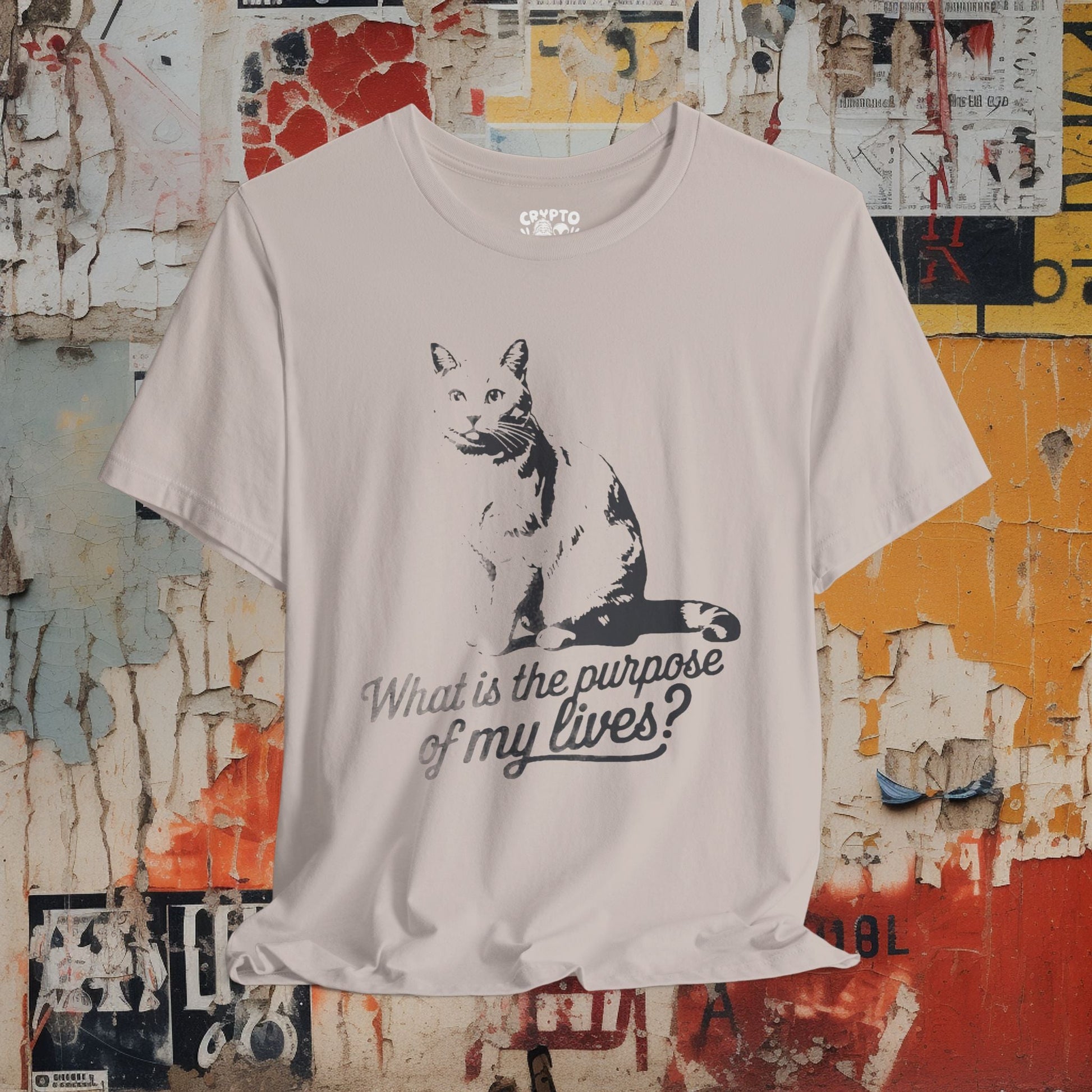 T-Shirt - what is the purpose of my lives cat 2 Tee, Retro Graphic Shirt, Funny Quirky T-Shirt, Unique Unisex Apparel, Chicken Tee, Edgy Nostalgic Shirt from Crypto Zoo Tees