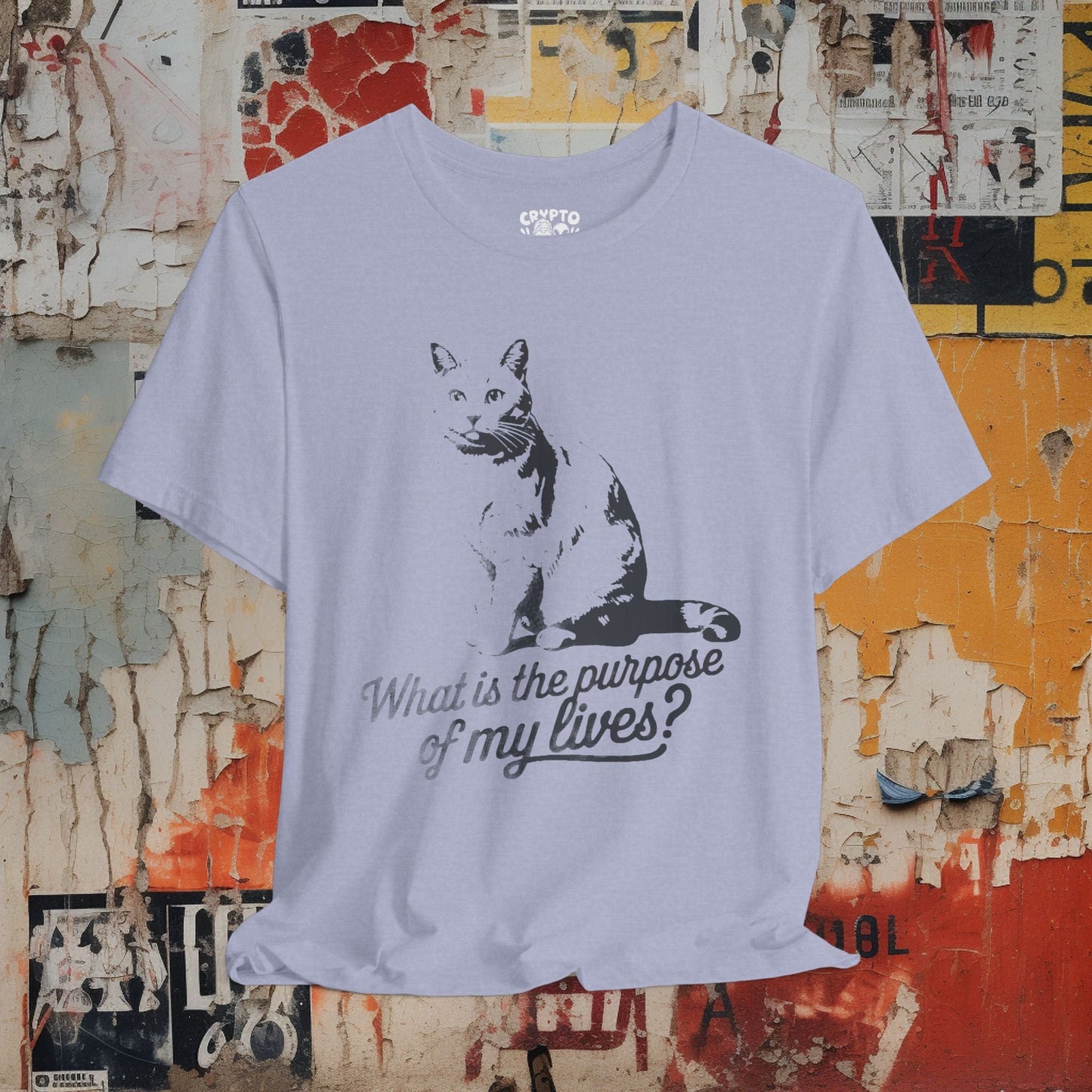 T-Shirt - what is the purpose of my lives cat 2 Tee, Retro Graphic Shirt, Funny Quirky T-Shirt, Unique Unisex Apparel, Chicken Tee, Edgy Nostalgic Shirt from Crypto Zoo Tees