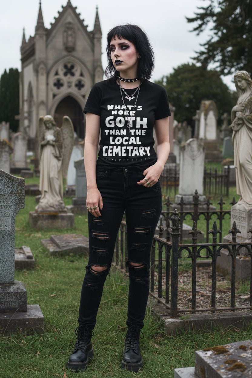 T-Shirt - Whats More Goth Than Cemetery | Light Fitted - Unisex Bella+Canvas 3001 | Funny, Horror | Goth/Gothic from Crypto Zoo Tees