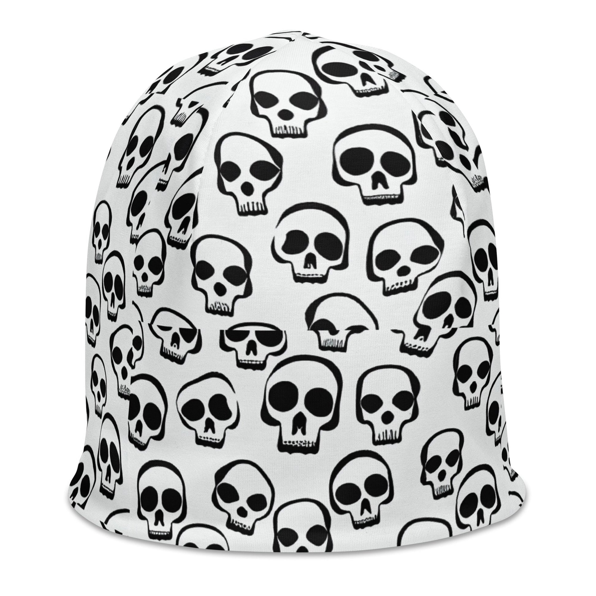  - White Skull Pattern Beanie | All - Over Print, Double - Layered, Cozy & Stylish for Chilly Days from Crypto Zoo Tees