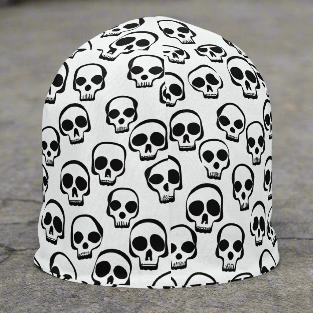  - White Skull Pattern Beanie | All - Over Print, Double - Layered, Cozy & Stylish for Chilly Days from Crypto Zoo Tees